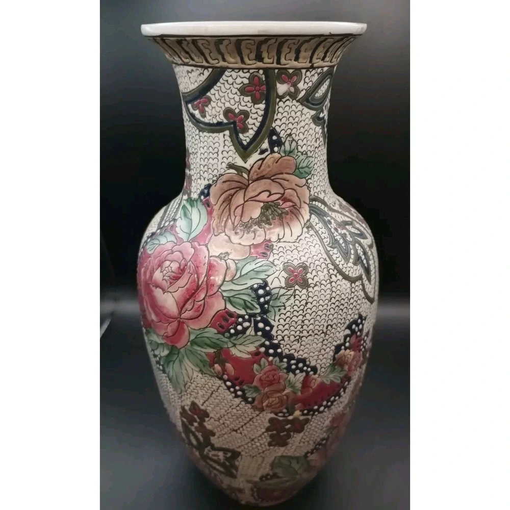Vintage Tall Textured Porcelain Chinese Vase Hand Painted Raised Flowers 12in